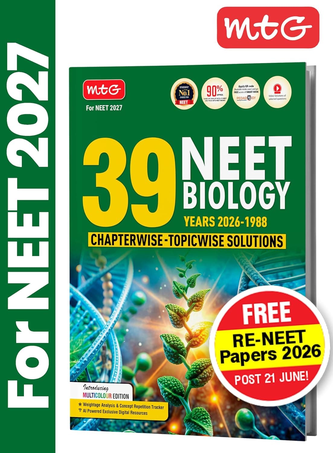 Cover of MTG NEET PYQ 39 Years Biology Book For 2026-2027 Exam | Chapterwise Topicwise Solved Question Papers | Free Video Solutions | AI Powered Digital Resource